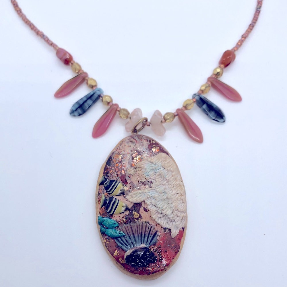Ocean Themed Clay Pendant Necklace with Stone & Glass Accent Beads